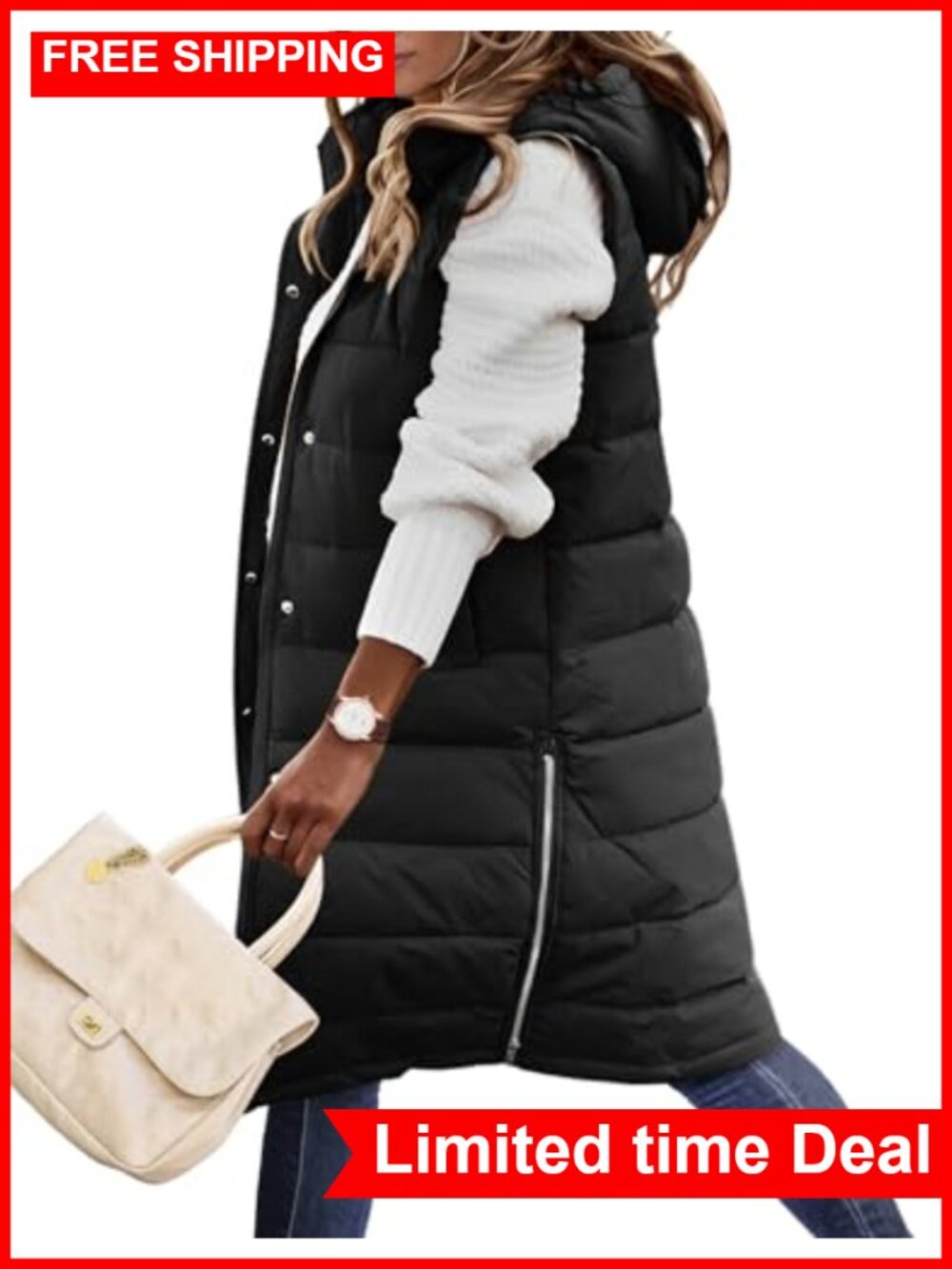 Women's Long Puffer Vest Sleeveless Quilted Hooded Winter Jacket